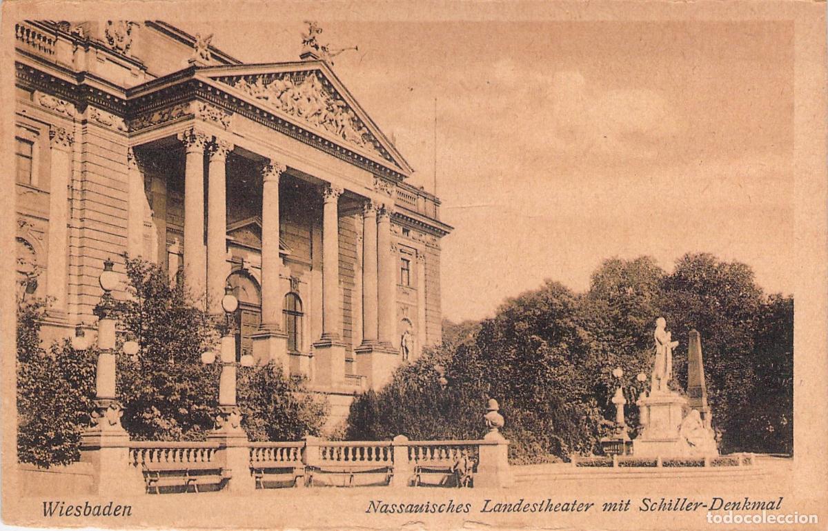 Postales: Postal de Wiesbaden con el Nassauisches Landestheater y Monumento a Schiller