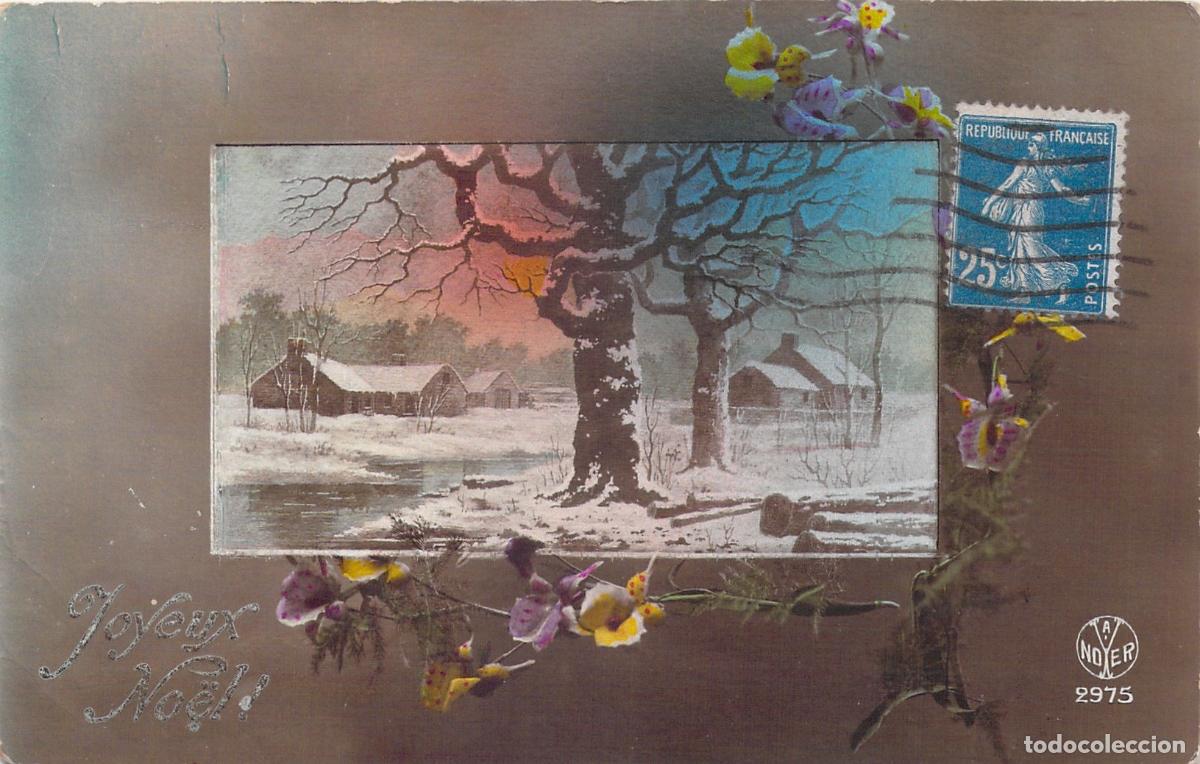 Postales: Postal de Navidad con paisaje invernal y flores