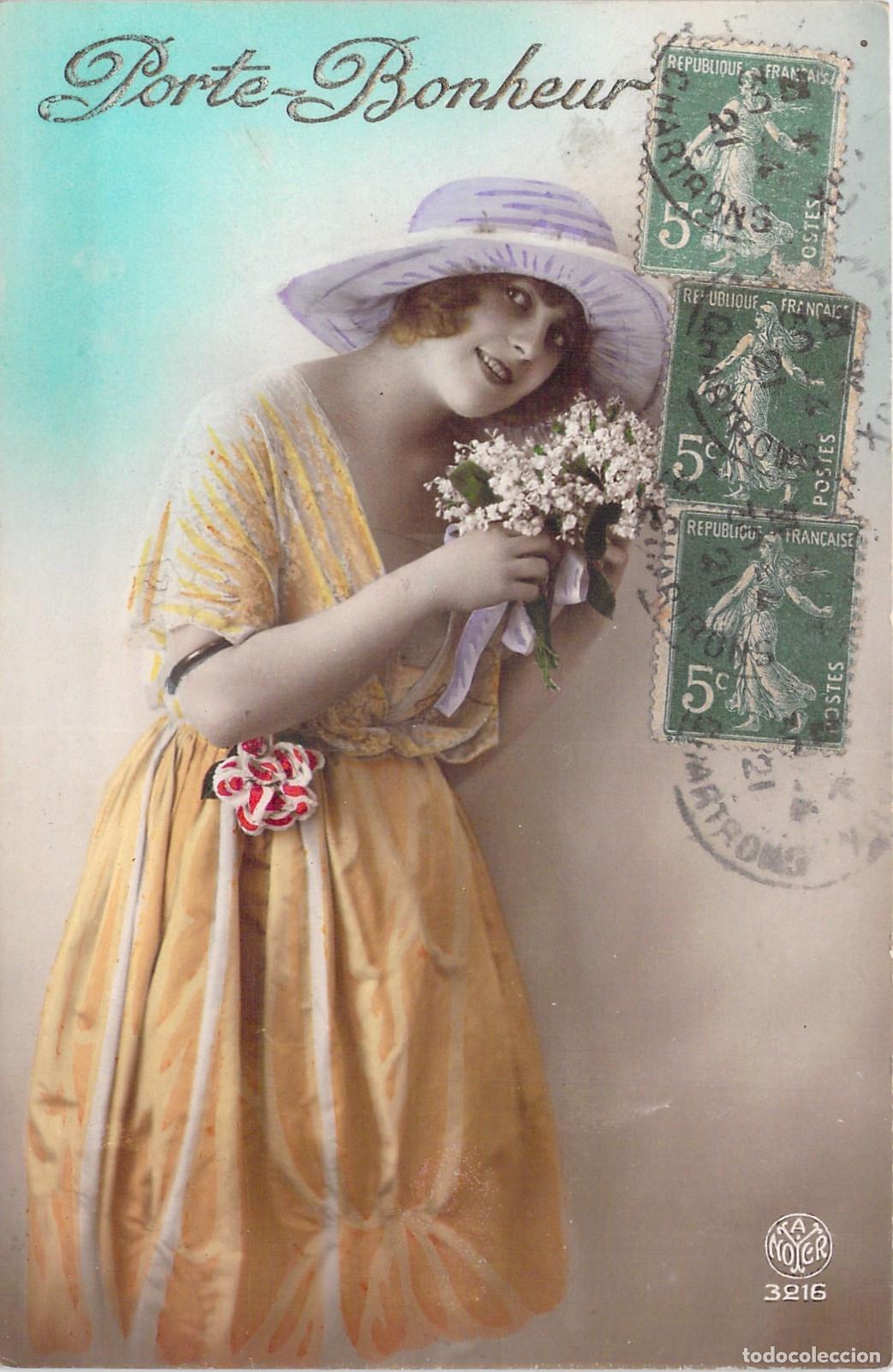 Postales: Postal Porte-Bonheur de mujer con flores