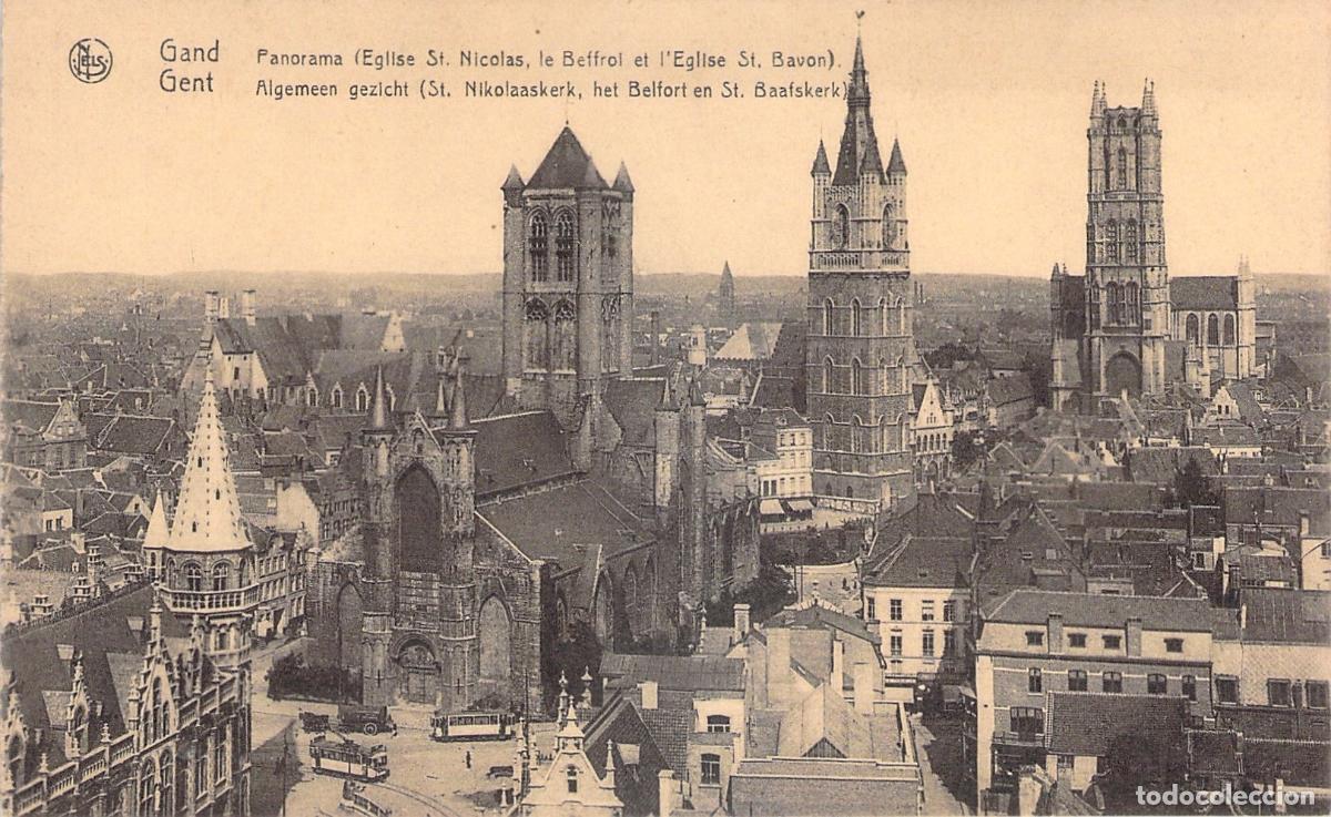 Cartes Postales: Postal de Gante, Panorama con Iglesia San Nicol&aacute;s y Campanario