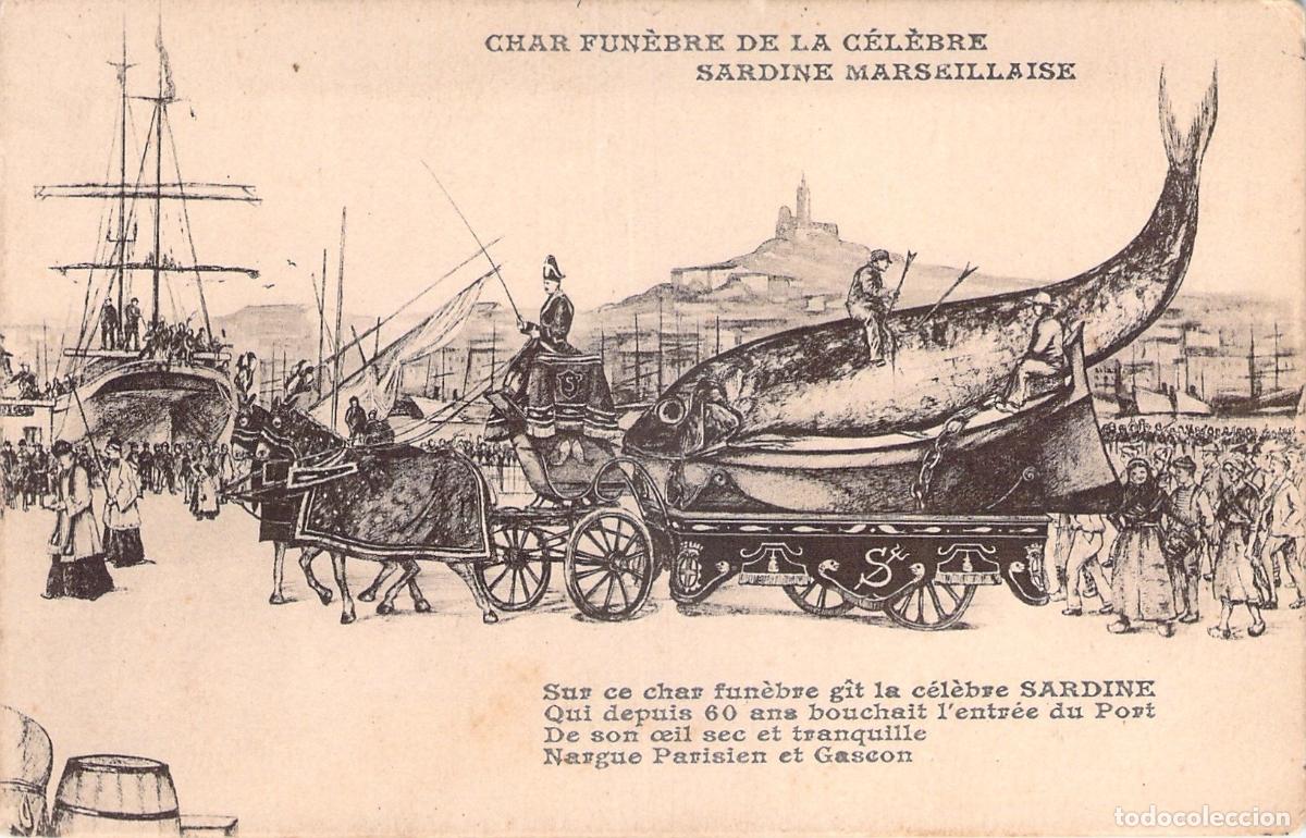 Postales: Postal de caricatura sat&iacute;rica Char Fun&egrave;bre de la Sardine Marseille