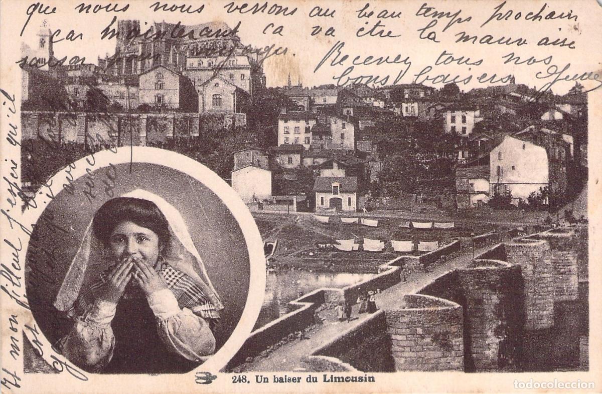 Postales: Postal antigua de Limousin con mujer en traje regional y puente franc&eacute;s