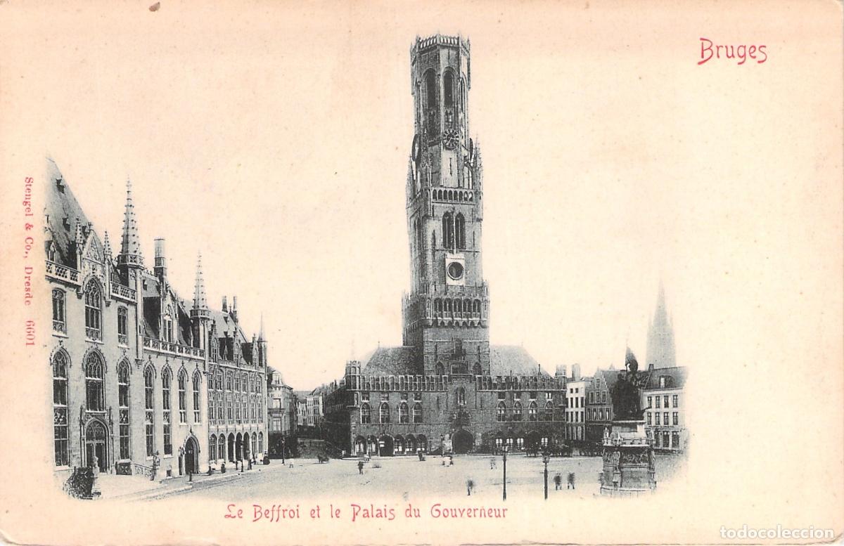 Postales: Postal de la Plaza del Mercado y el Belfort en Brujas, B&eacute;lgica