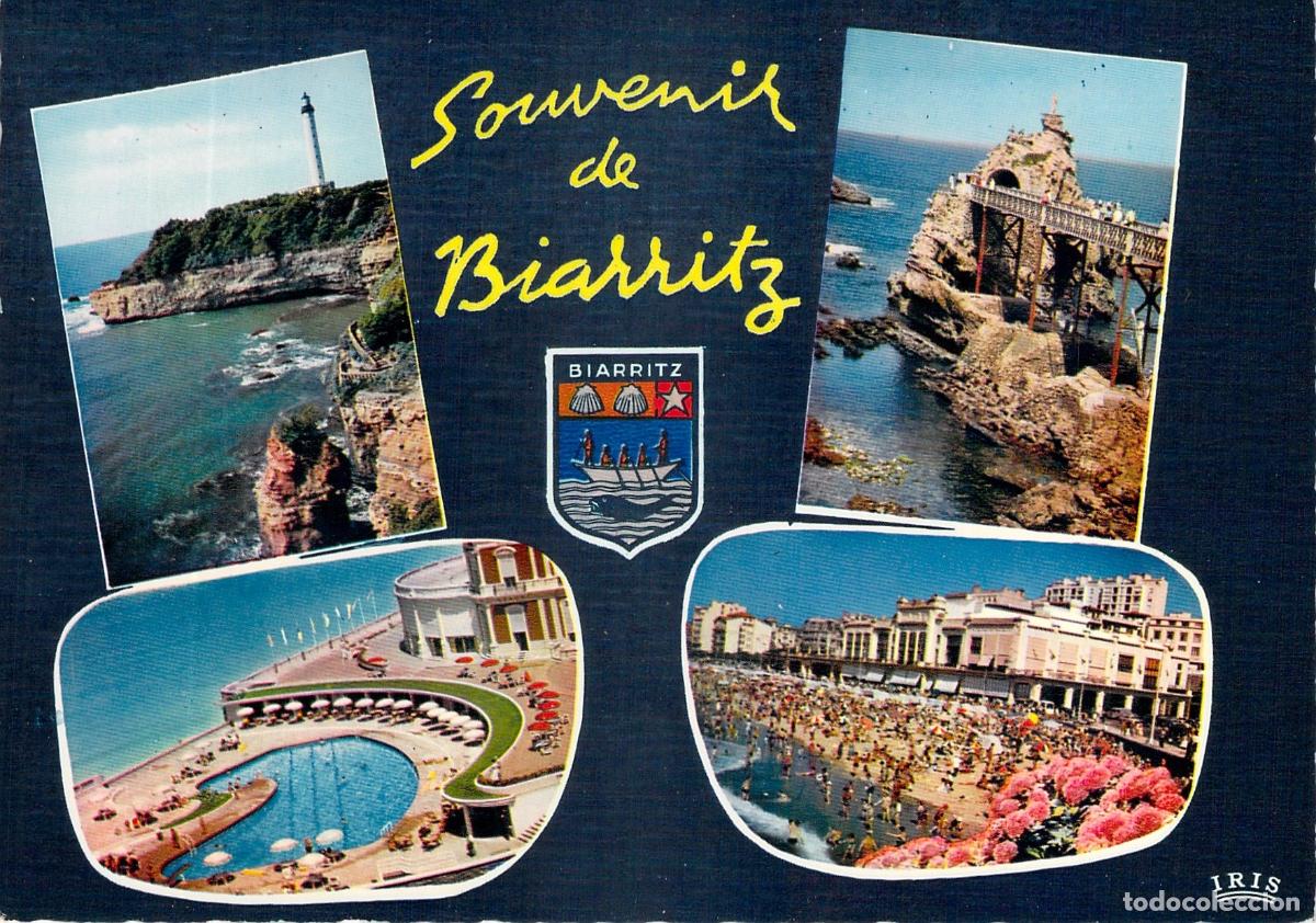 Postales: Postal de Biarritz con vistas del faro, la playa y el Rocher de la Vierge