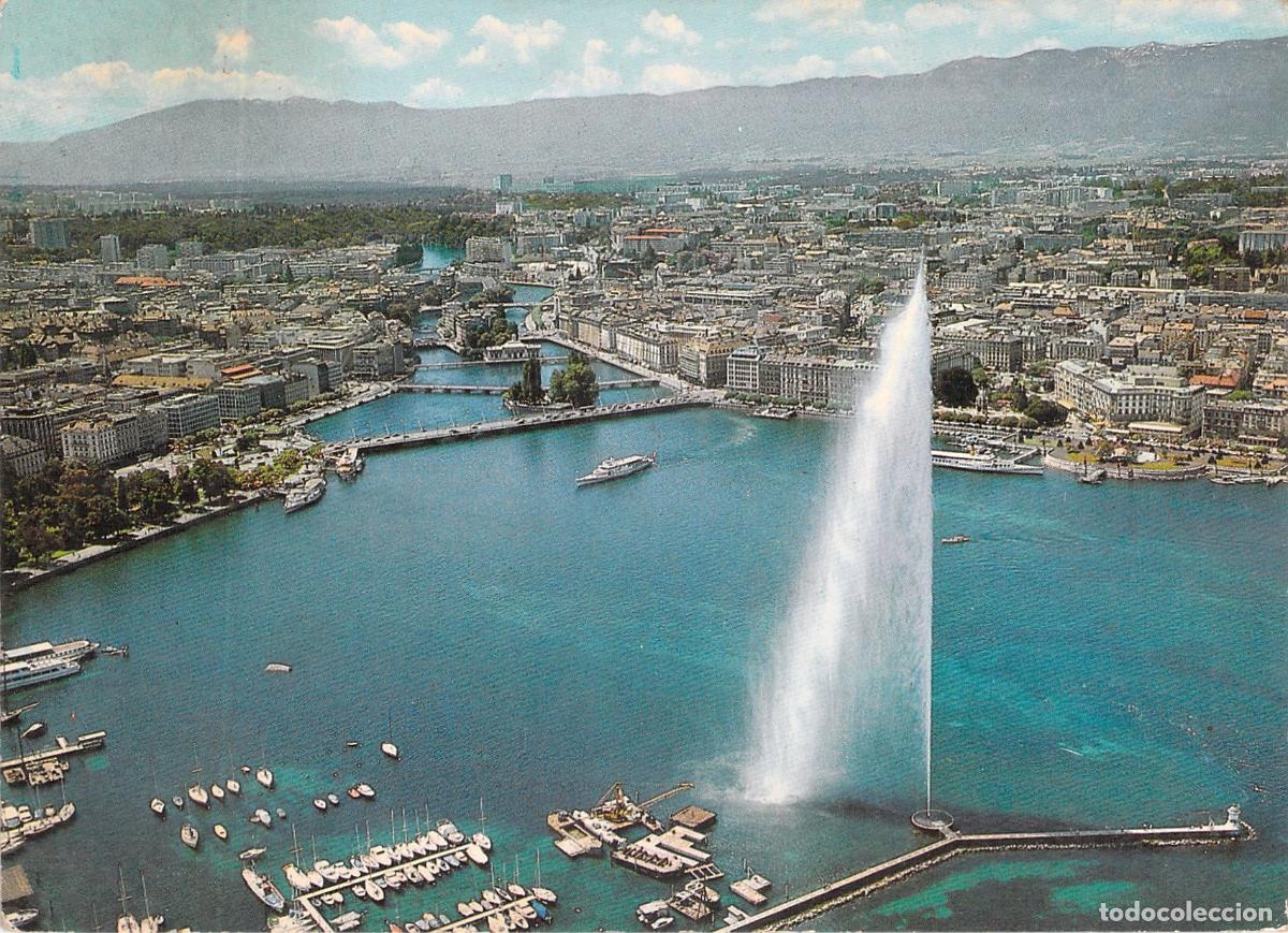Postales: Postal de Ginebra con Jet d'Eau y puentes sobre el r&iacute;o R&oacute;dano