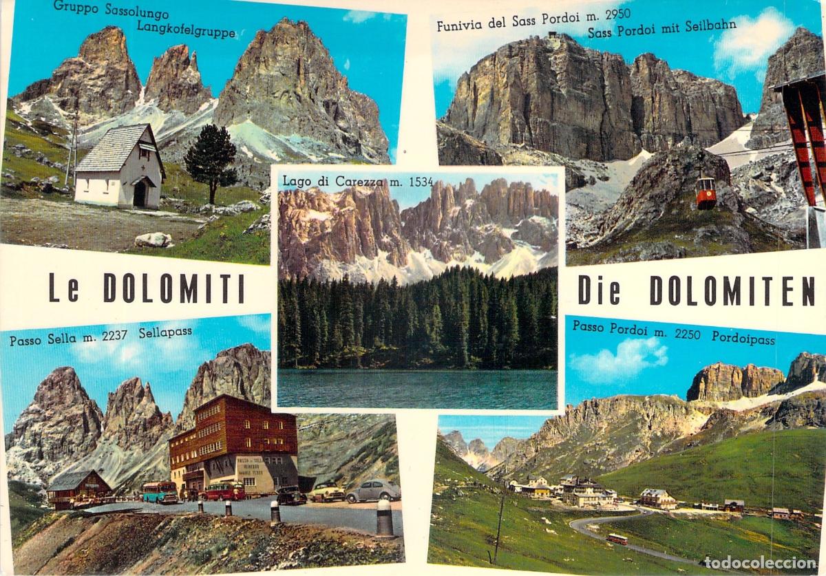 Postales: Postal de los Alpes Dolomitas en Italia con vistas de lagos y pasos de monta&ntilde;a