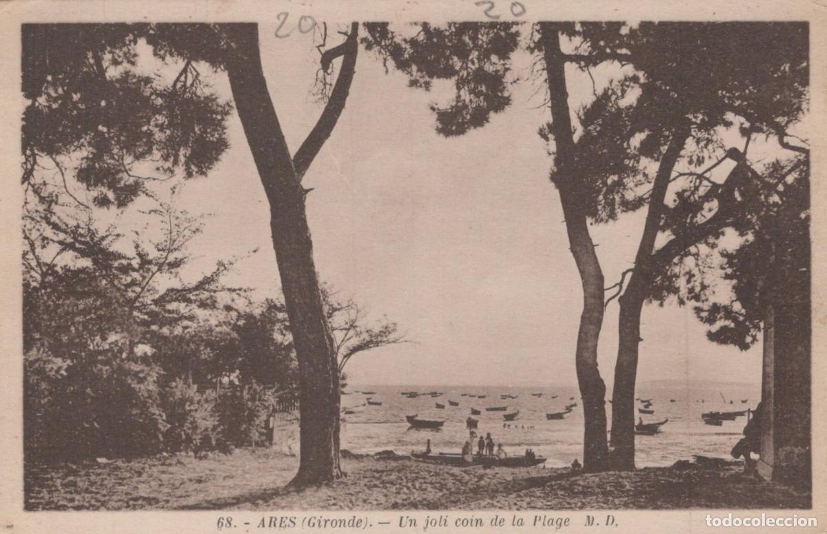 Cartes Postales: France Ares Plage Bateaux P&ecirc;che Arbres Sc&egrave;ne Coti&egrave;re Unposted *YAC660