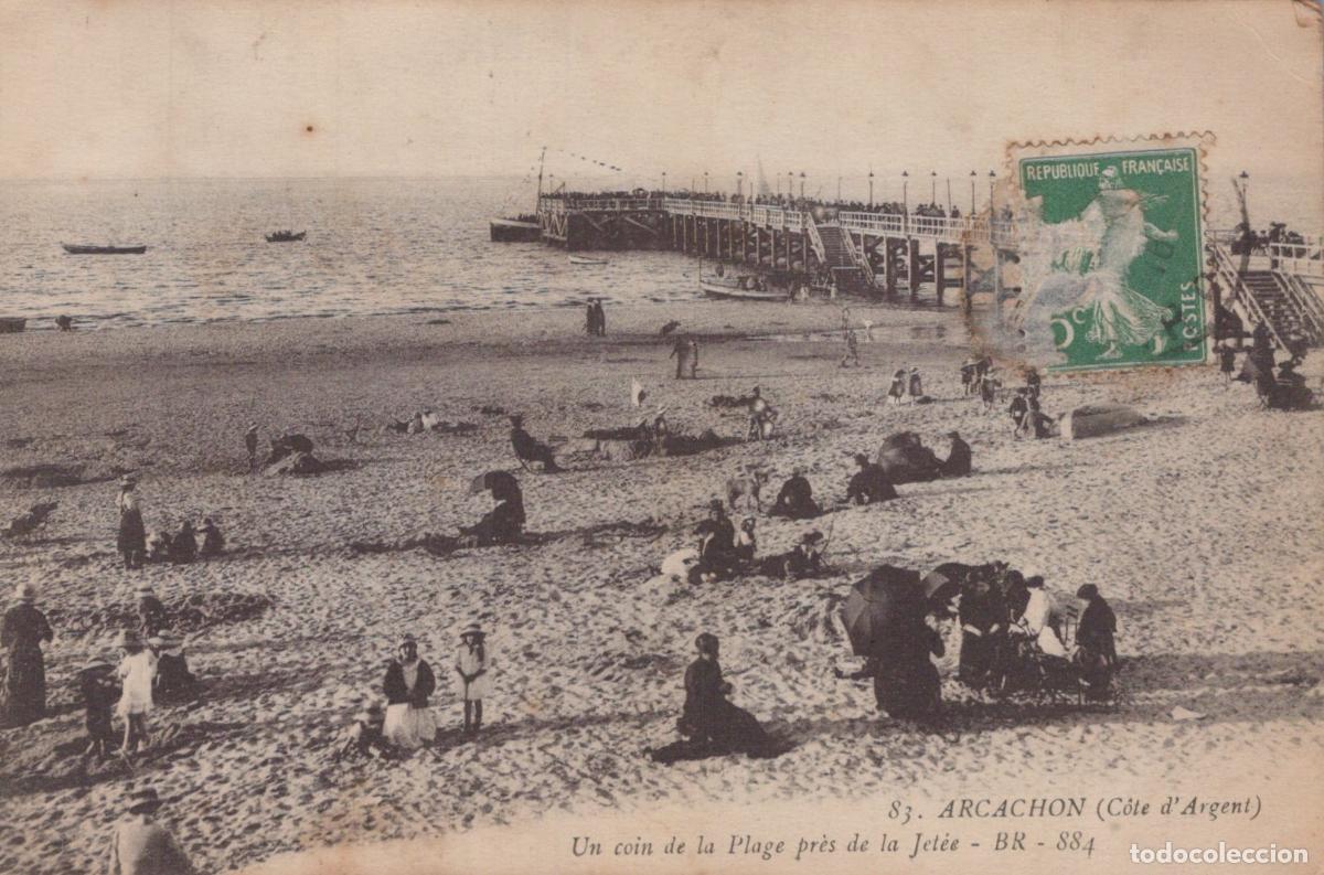 Cartoline: France Arcachon Plage Anim&eacute;e Avec Jet&eacute;e et Baigneurs *YAC731