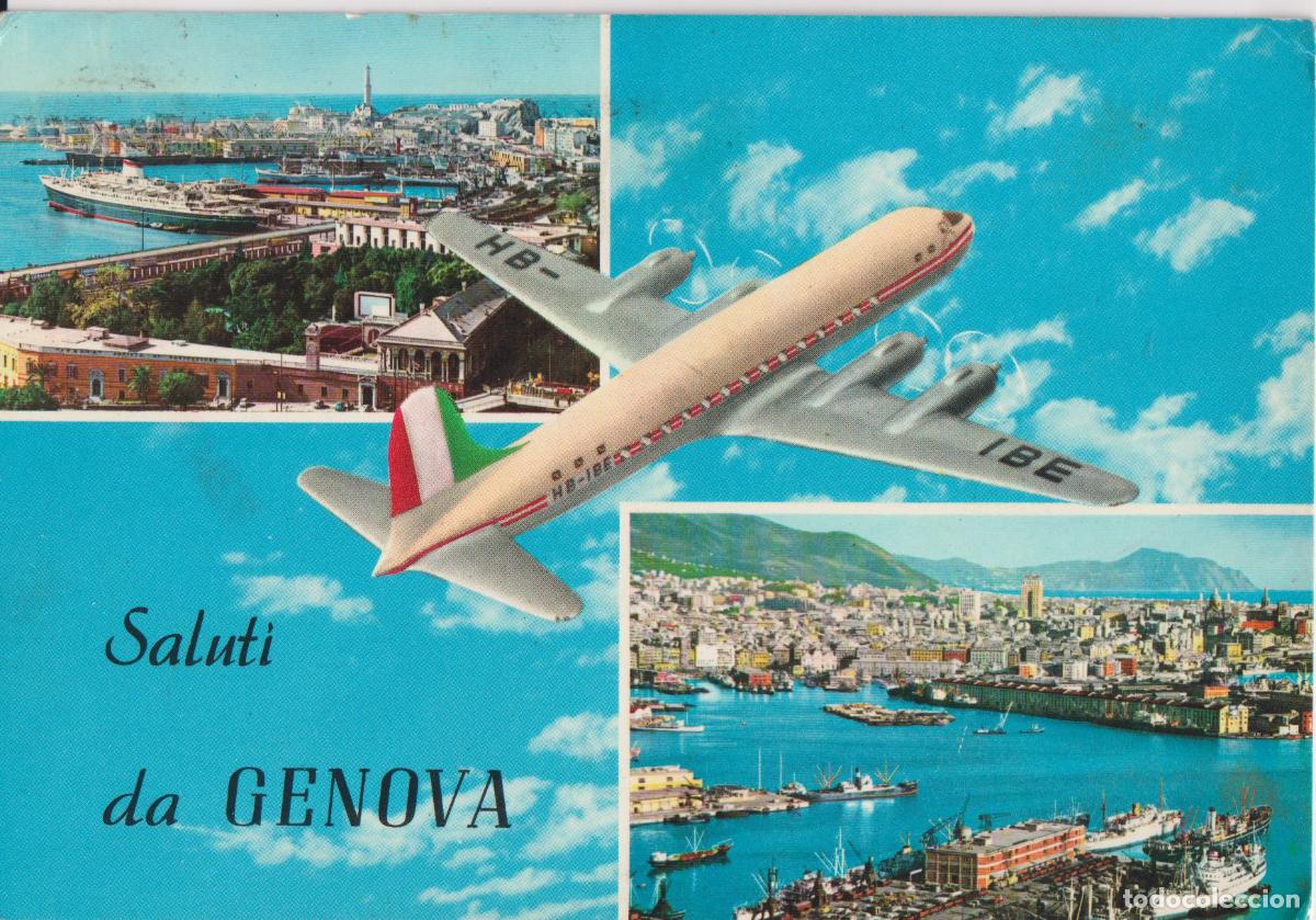 Postales: ITALIA, GENOVA, SALUDOS DESDE GENOVA, PANOR&Aacute;MICA DEL PUERTO - FOTOCOLOR KODAK - CIRCULADA 1960