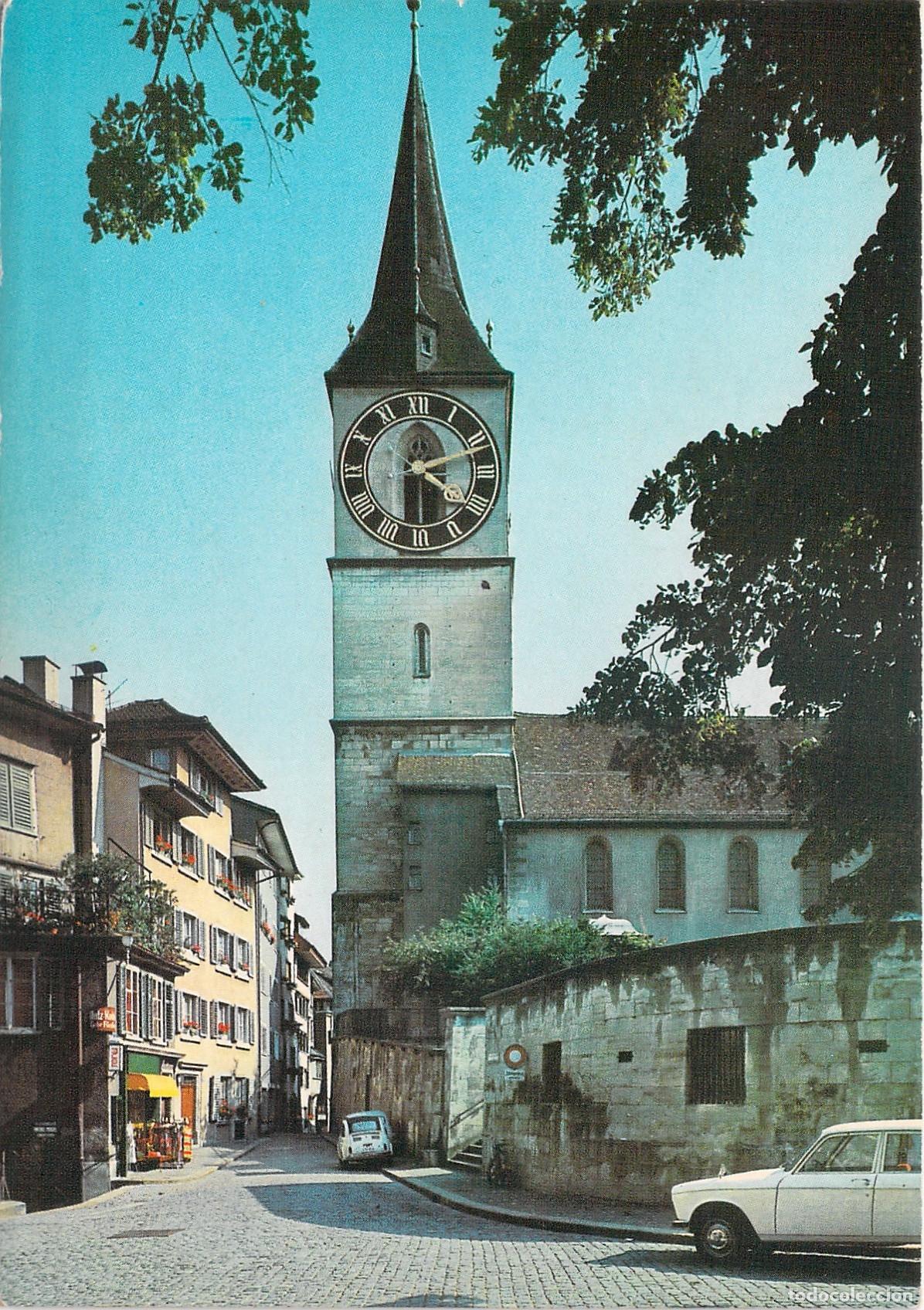 Postales: Postal de Z&uacute;rich con la Iglesia de San Pedro en el Casco Antiguo