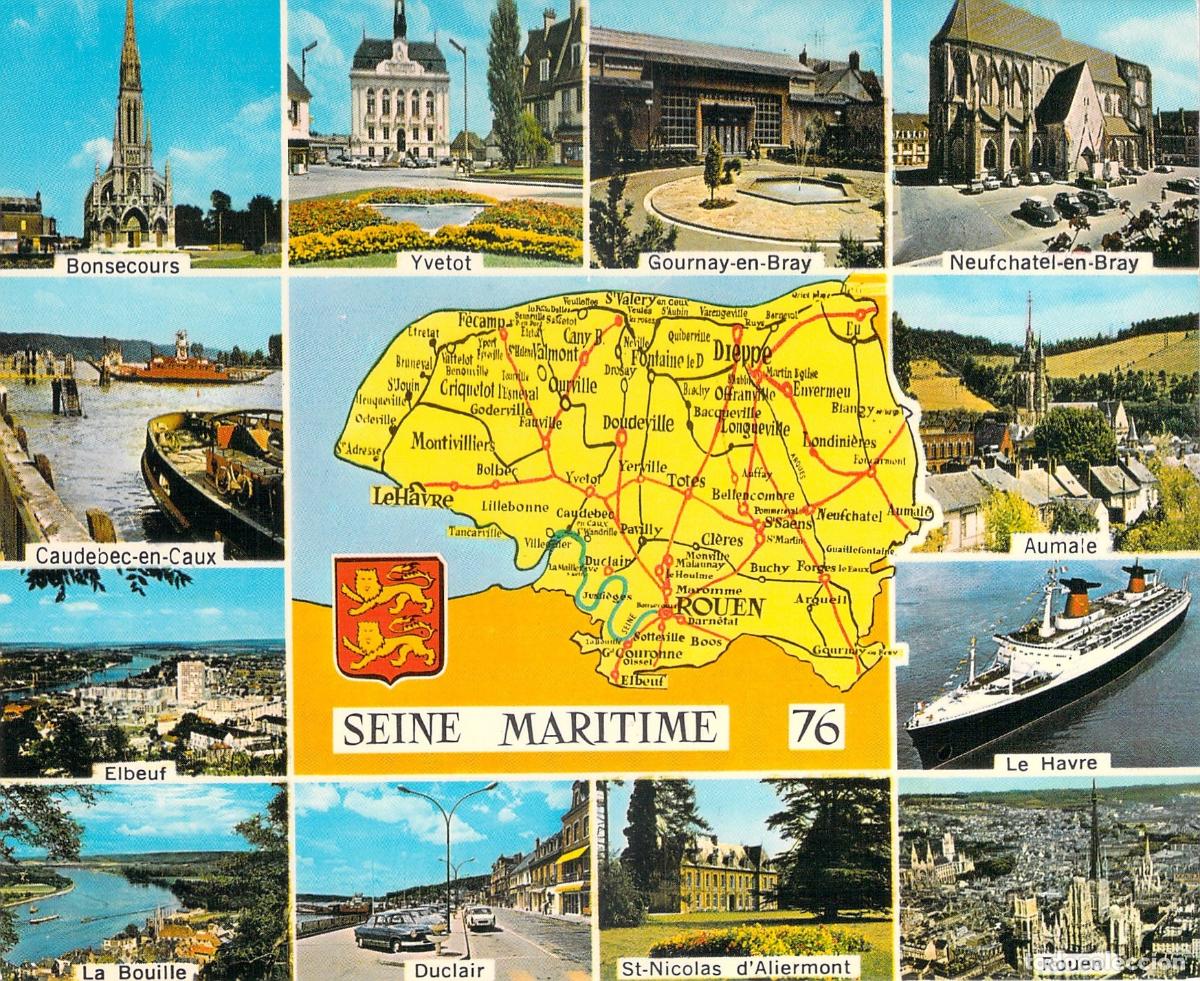 Postales: Postal de Seine-Maritime con mapa y vistas panor&aacute;micas de la regi&oacute;n de Francia