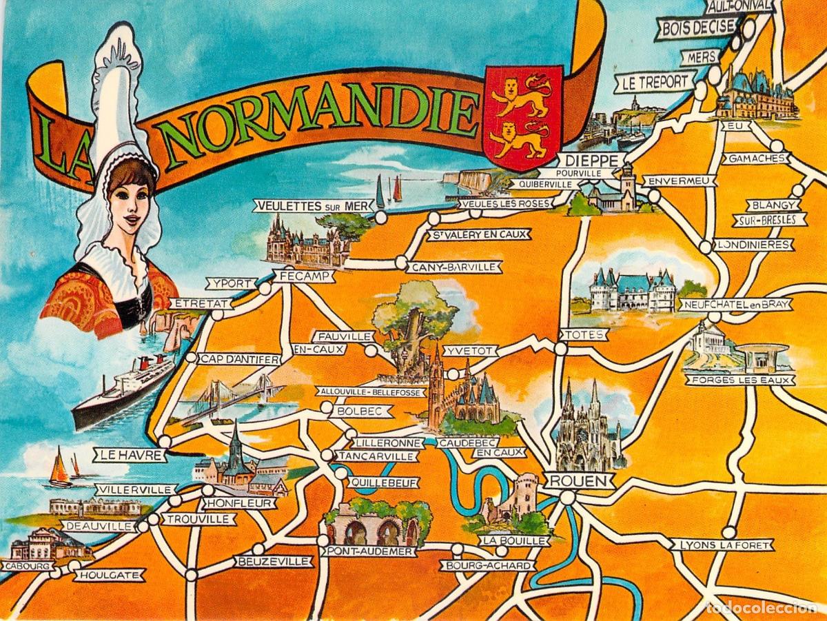 Postales: Postal ilustrada de la regi&oacute;n de Normand&iacute;a con mapa detallado