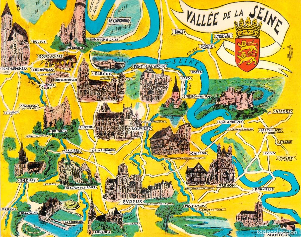 Postales: Postal Mapa Ilustrado del Valle del Sena en Normand&iacute;a, Francia