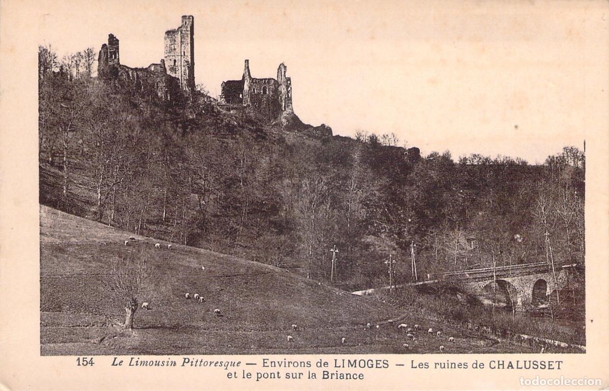 Postales: Postal de las ruinas del castillo de Chalusset y puente sobre el r&iacute;o Briance