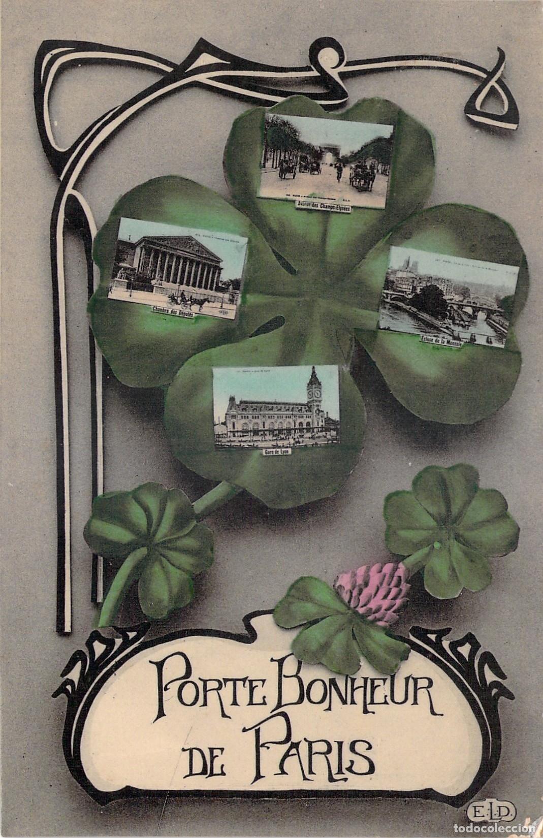 Postales: Postal de Par&iacute;s con dise&ntilde;o de tr&eacute;bol de la suerte