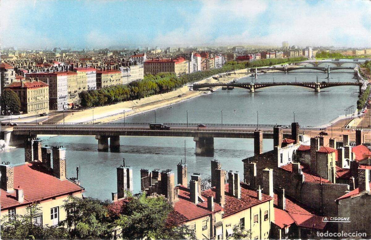 Postales: Postal de Lyon, vista panor&aacute;mica de los puentes sobre el r&iacute;o R&oacute;dano