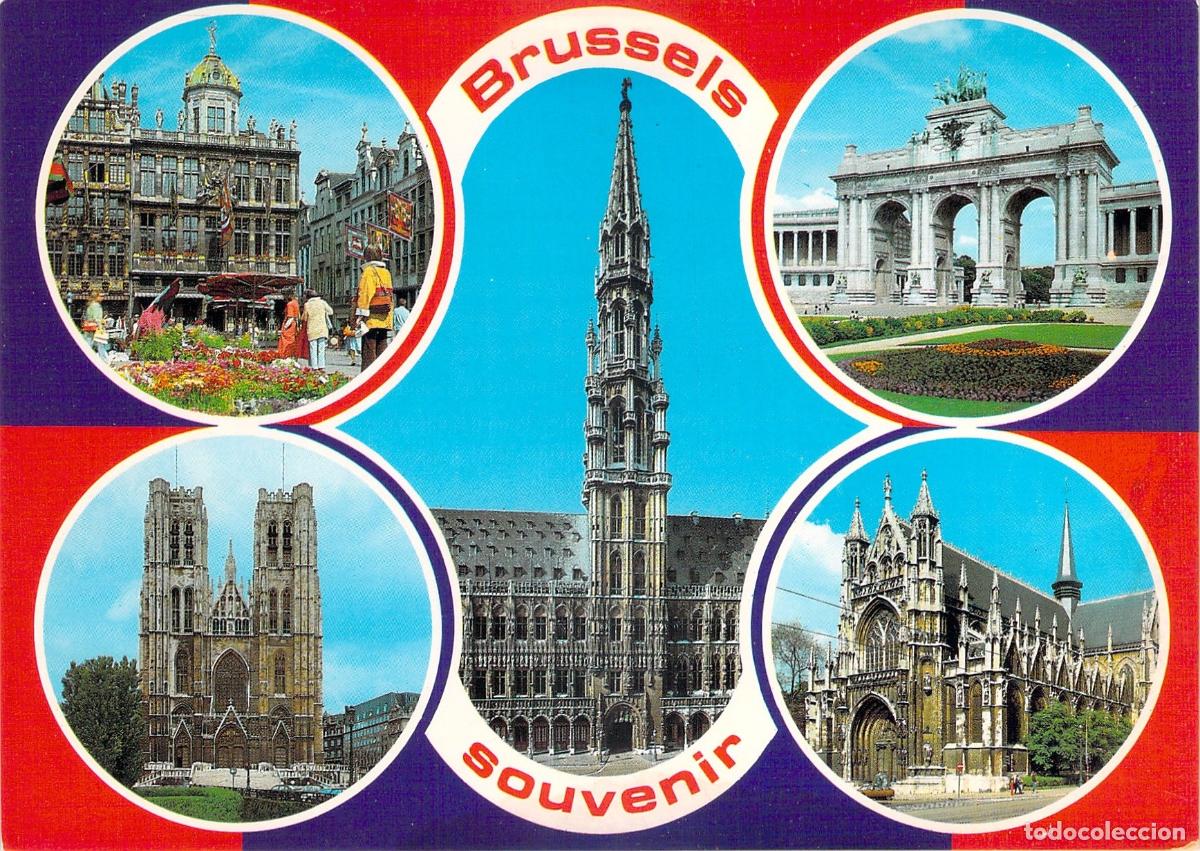 Postales: Postal de Bruselas con m&uacute;ltiples monumentos ic&oacute;nicos de la ciudad