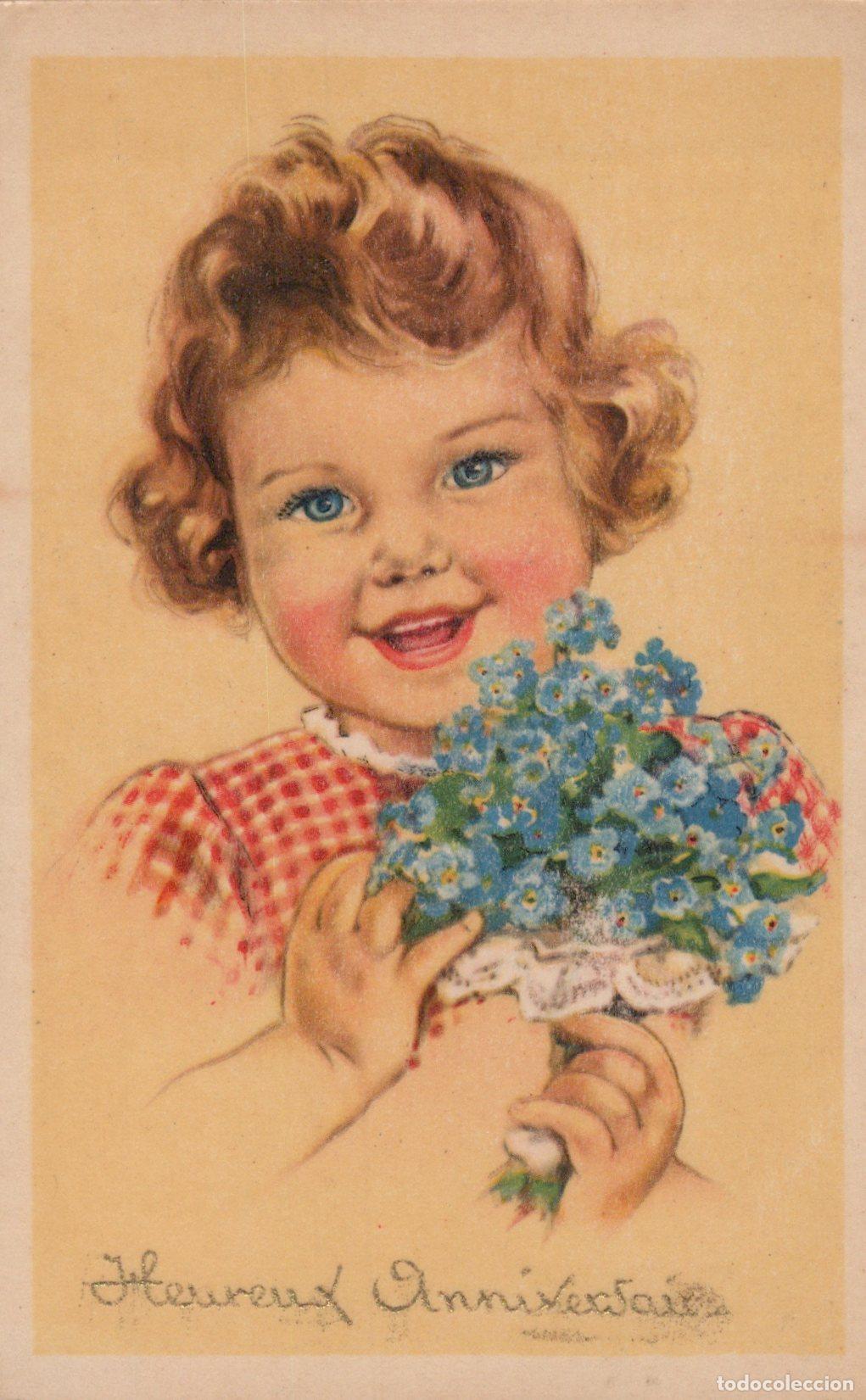 Postcards: Nederland Jong Meisje Met Bloemen Heureux Anniversaire Unposted *YAD244