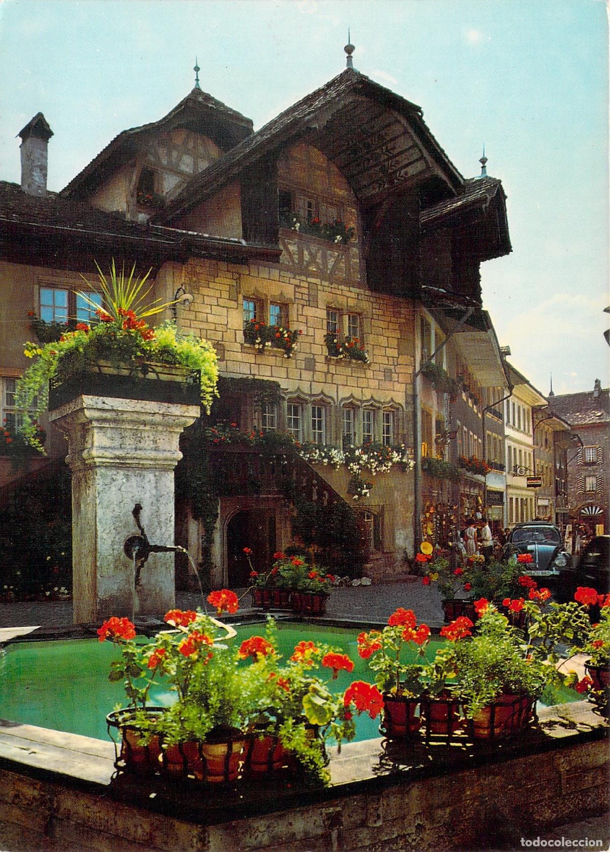 Postales: Postal de Murten, R&uuml;benloch, Suiza con fuente y casa antigua