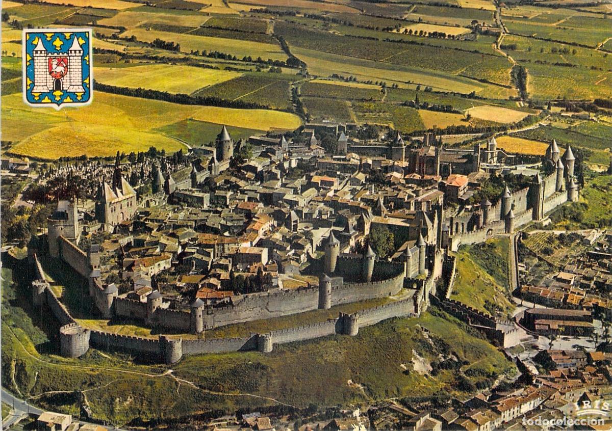 Postales: Postal de la Cit&eacute; de Carcassonne con Vista A&eacute;rea de las Murallas