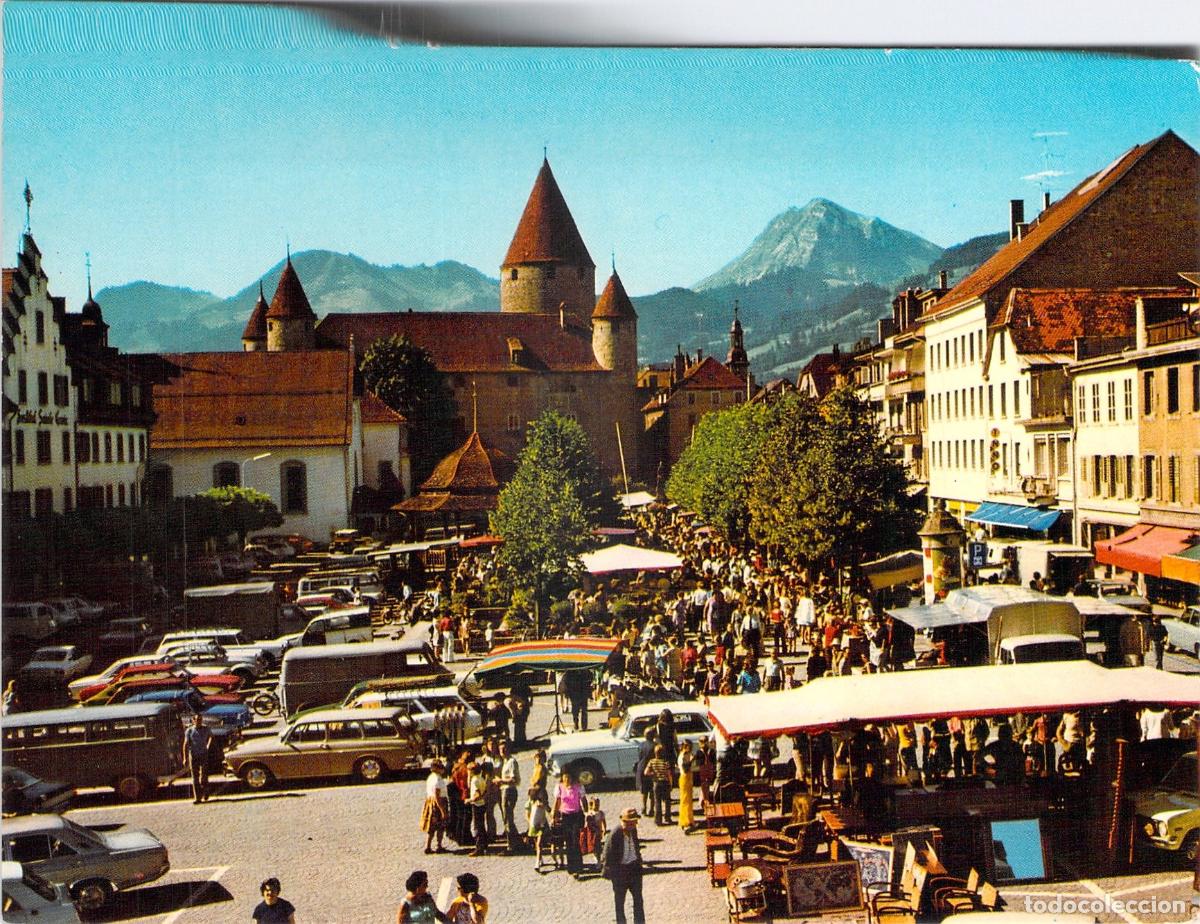 Postales: Postal de Bulle mercado castillo y monta&ntilde;a en Suiza