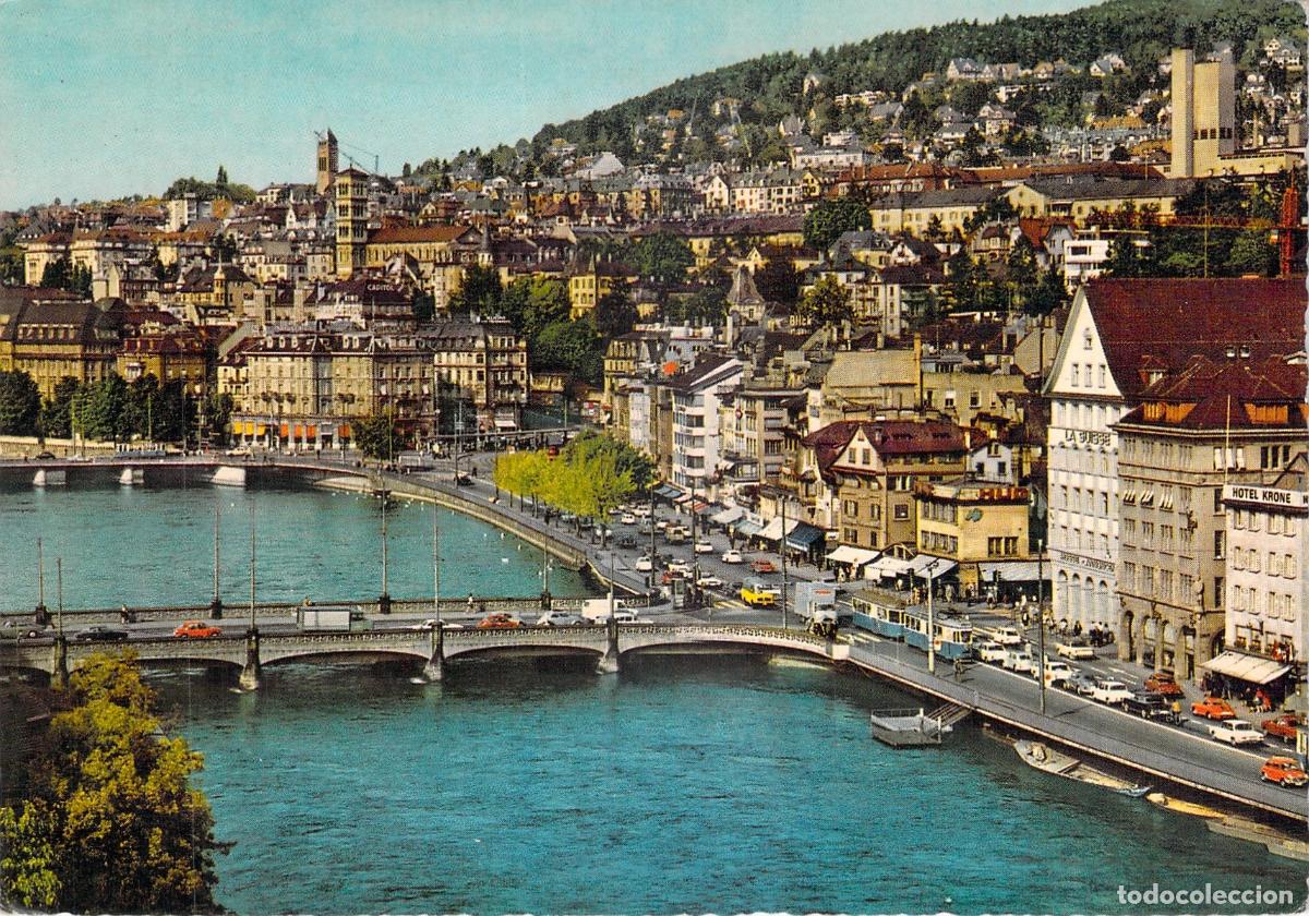 Postales: Postal de Z&uacute;rich con vista del Limmatquai y el barrio universitario