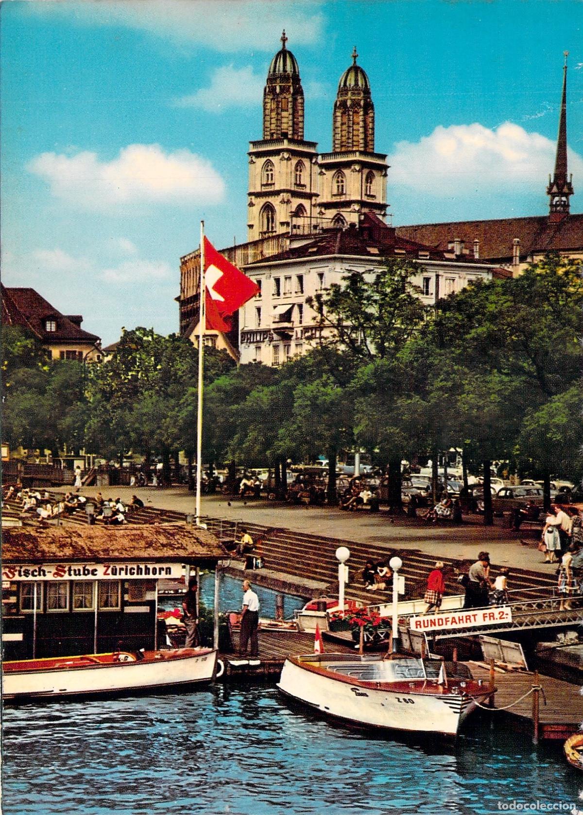 Cartes Postales: Postal de Z&uacute;rich con vista del Grossm&uuml;nster desde el Quaibr&uuml;cke