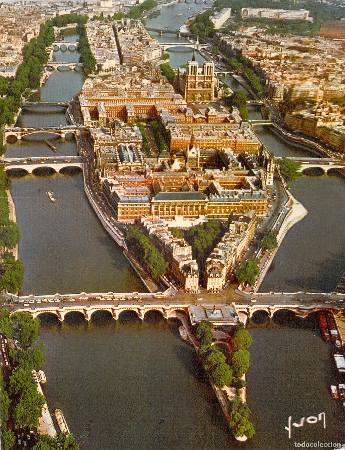 Postales: Postal a&eacute;rea de la &Icirc;le de la Cit&eacute; y el r&iacute;o Sena en Par&iacute;s