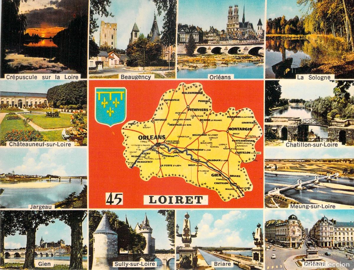 Postales: Postal multic&eacute;ntrica de Loiret con mapa y paisajes de Francia