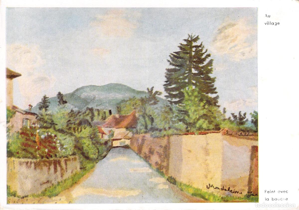 Postales: Postal de arte con pintura de paisaje realizada con la boca por M. Jars