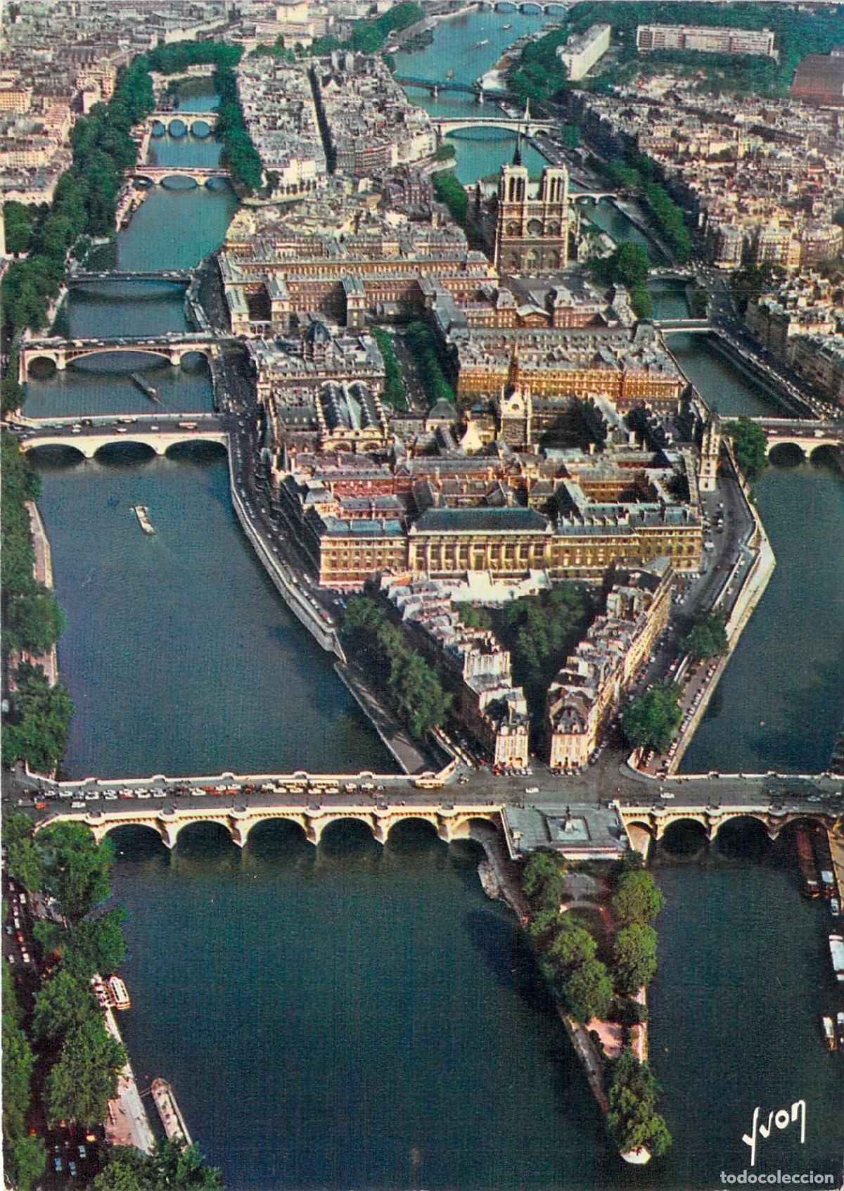Postales: Postal de vista a&eacute;rea de &Icirc;le de la Cit&eacute; y el r&iacute;o Sena en Par&iacute;s