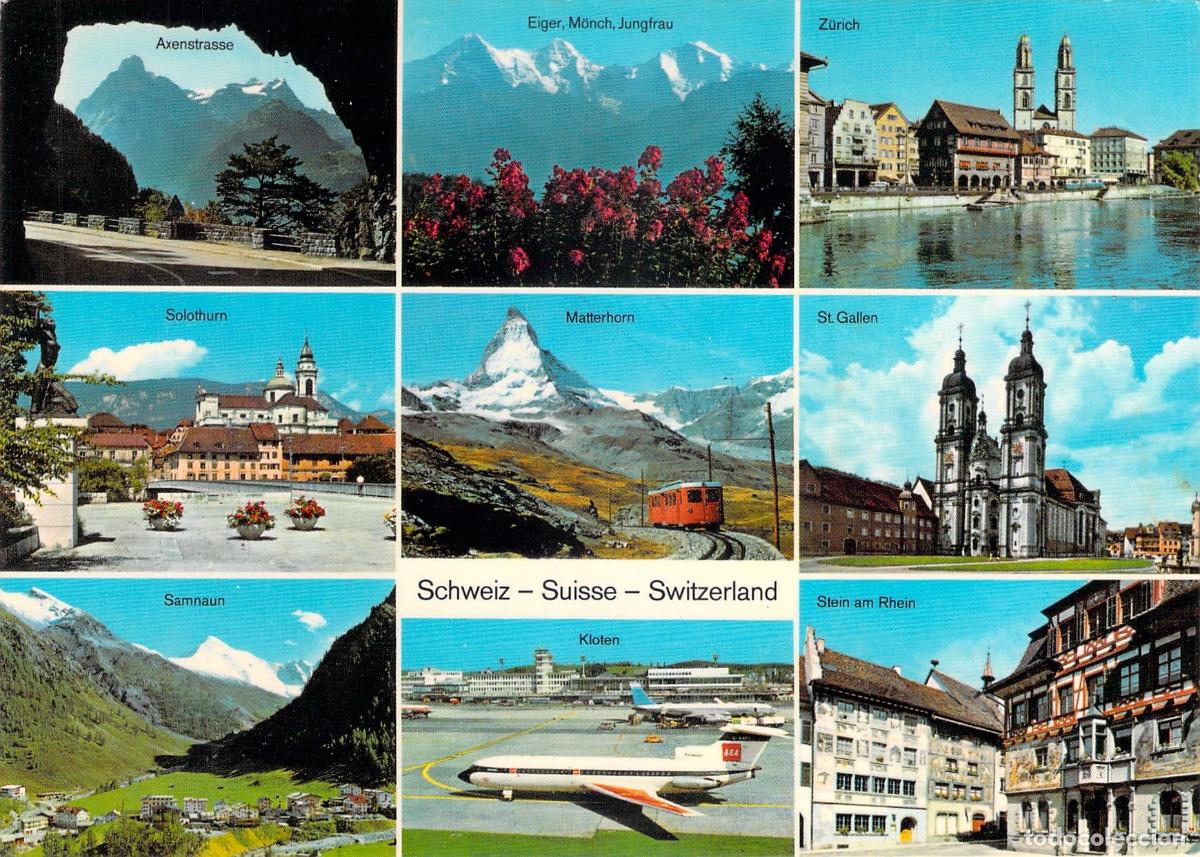 Postales: Postal de vistas m&uacute;ltiples de Suiza, Alpes y ciudades suizas