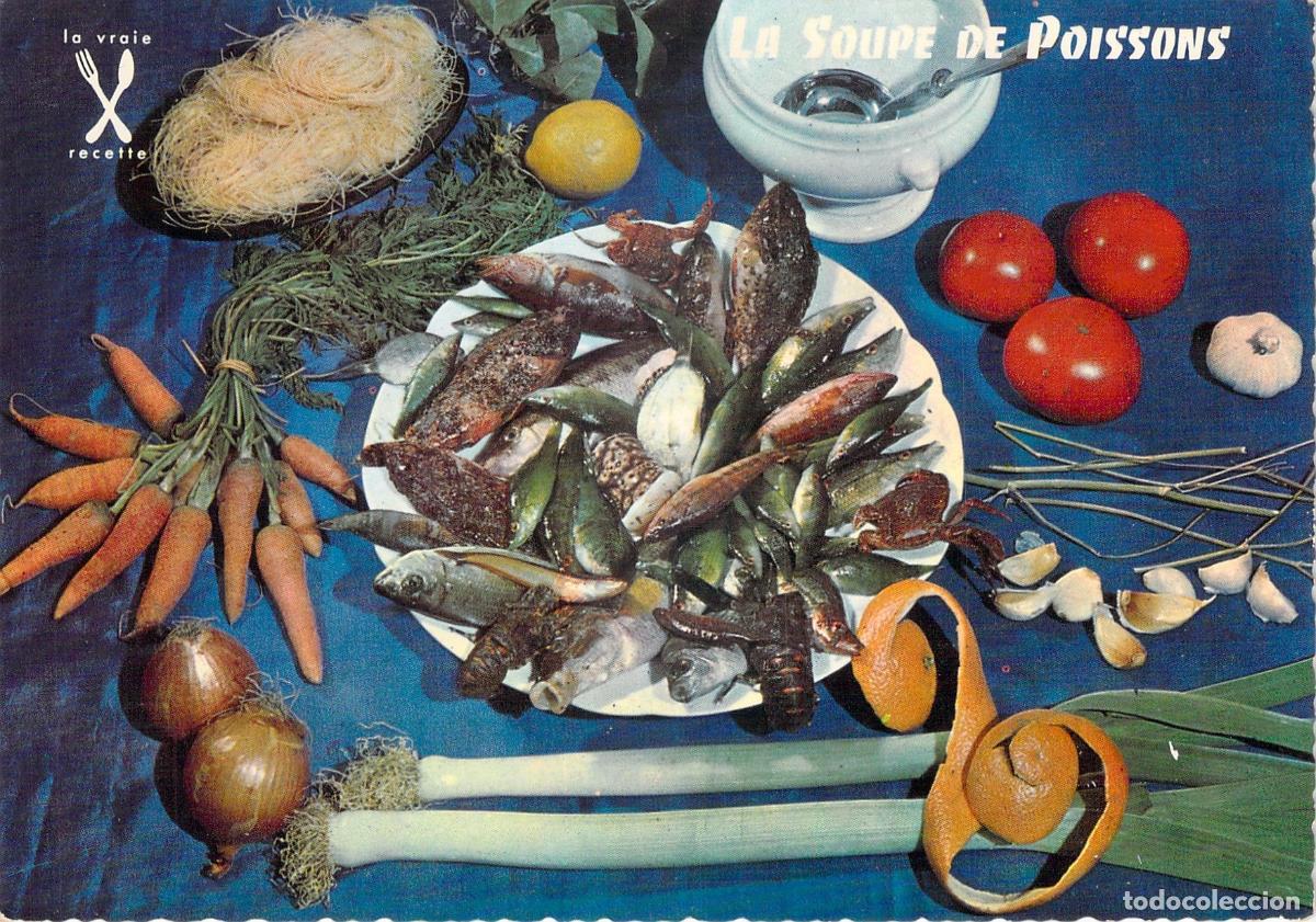 Postales: Postal con receta culinaria tradicional de Sopa de Pescado francesa