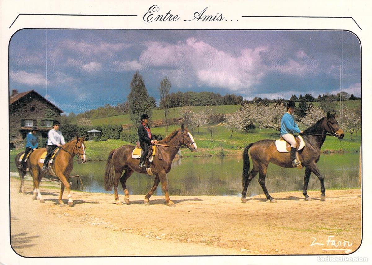 Postales: Postal de personas montando a caballo junto a un lago