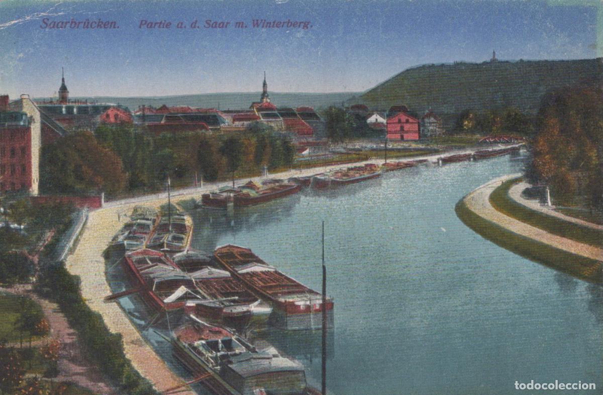 Cartoline: Deutschland Saarbr&uuml;cken Fluss Saar mit Winterberg Booten Oblitert *YAE332