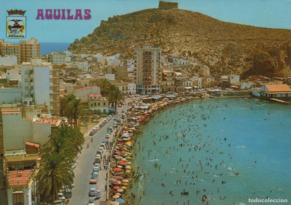 Postcards: Espa&ntilde;a &Aacute;guilas Playa Poniente Ba&ntilde;istas Paisaje Castillo Con Mensaje *YAE712