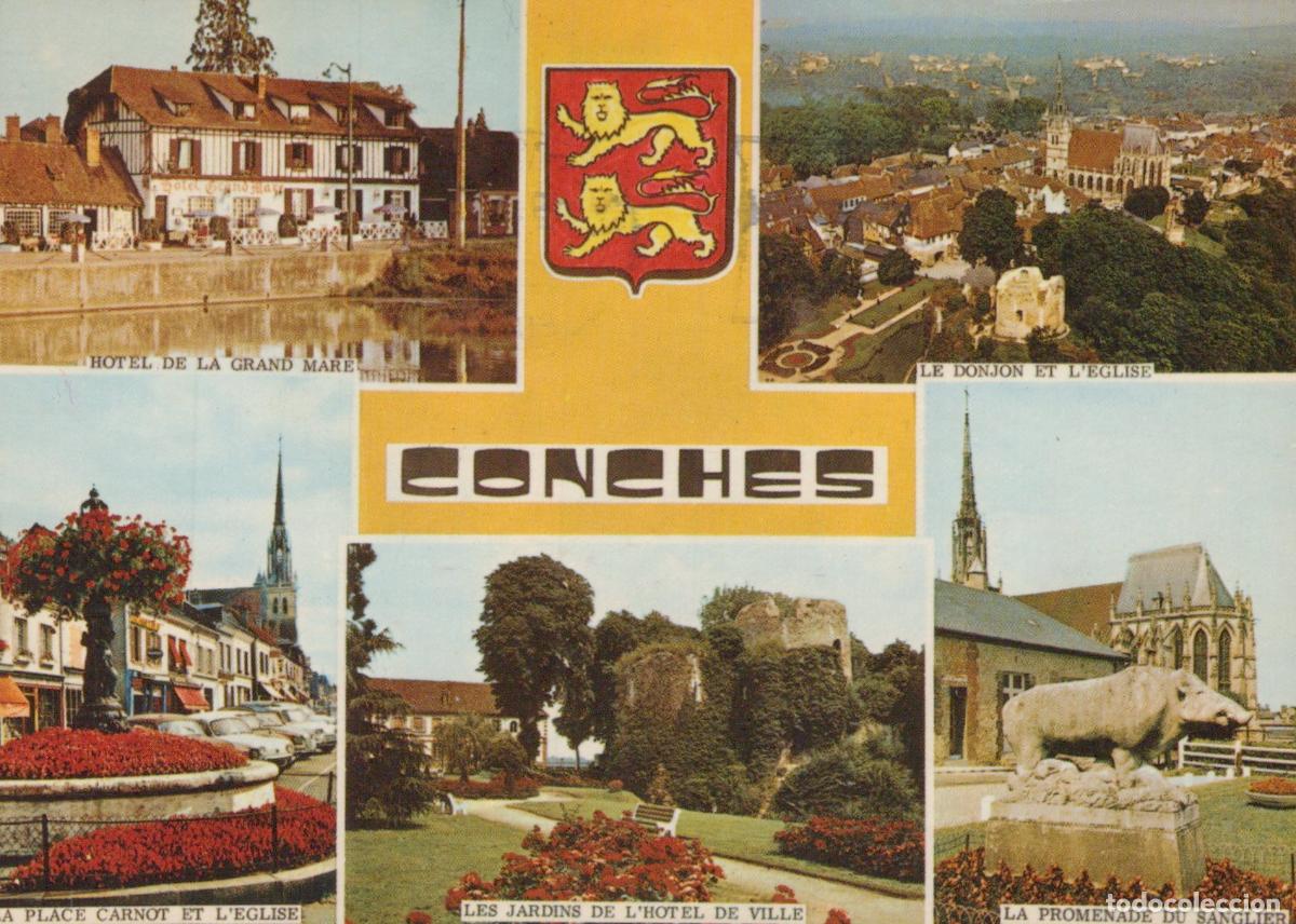 Postales: France Conches Vues Multiples H&ocirc;tel Donjon &Eacute;glise Place Jardins *YAE855