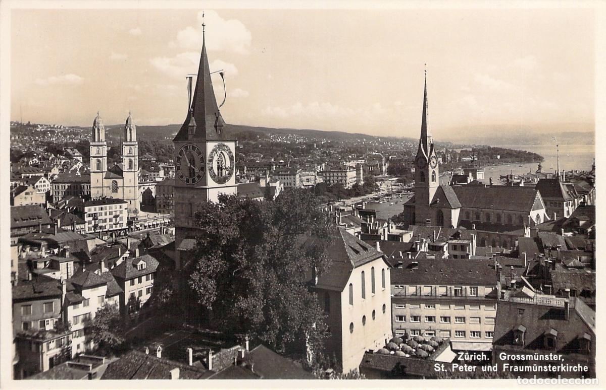 Postales: Postal de la ciudad de Z&uacute;rich con vistas a Grossm&uuml;nster y Fraum&uuml;nster