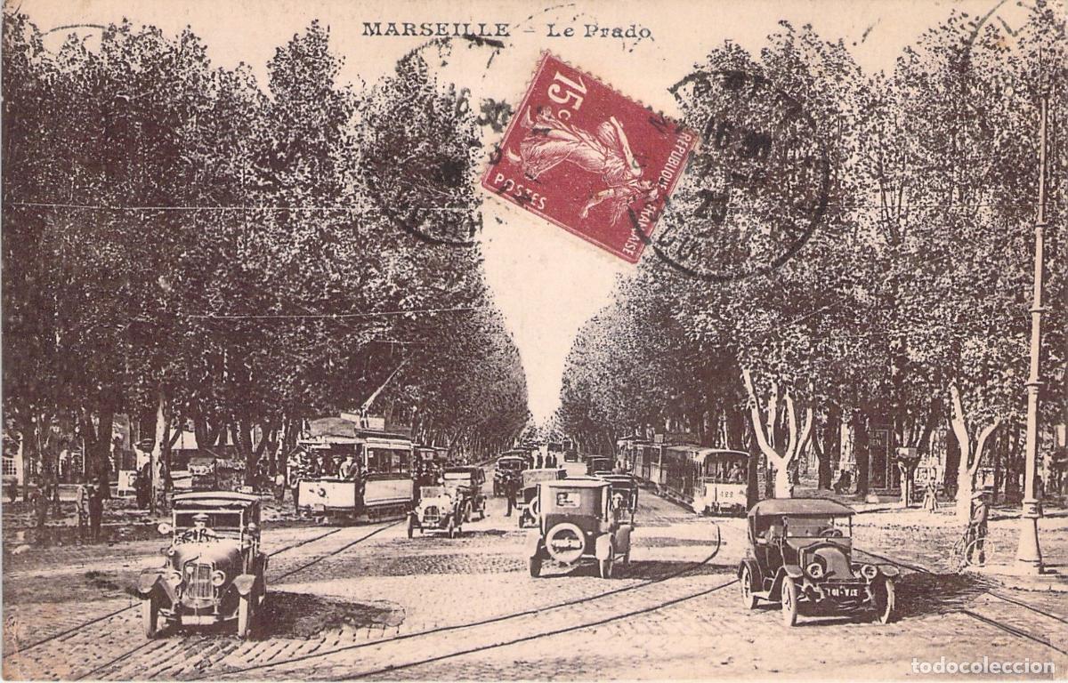 Postkarten: Postal de Marseille Le Prado con tranv&iacute;as y coches antiguos