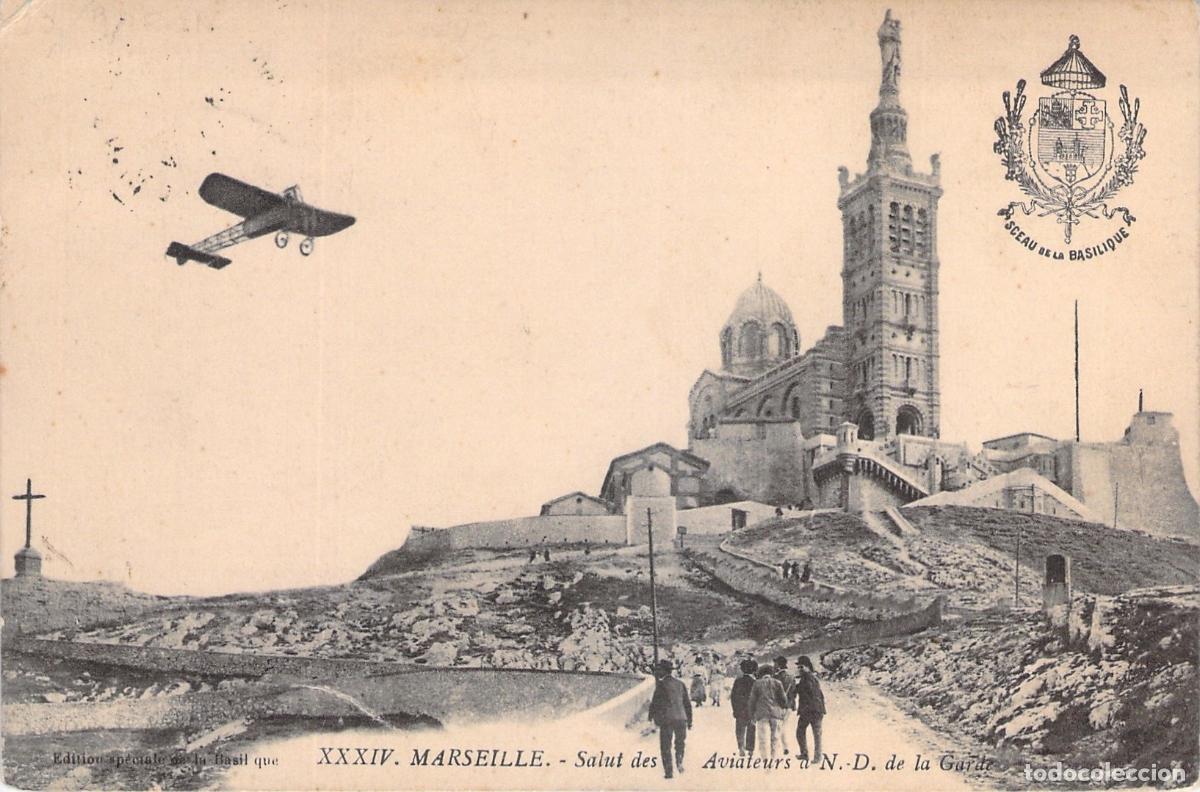 Postkarten: Postal de la Bas&iacute;lica Notre-Dame de la Garde en Marsella con Avi&oacute;n