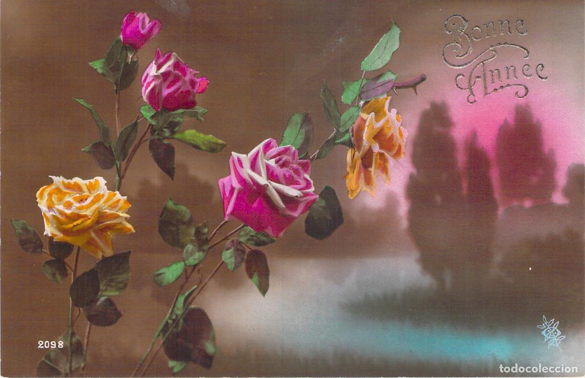 Postales: Postal con dise&ntilde;o de rosas y saludo de feliz a&ntilde;o nuevo