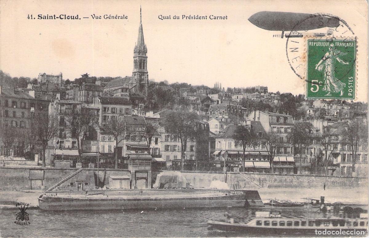 Postales: Postal de Saint-Cloud con vista general y dirigible sobre el r&iacute;o Sena