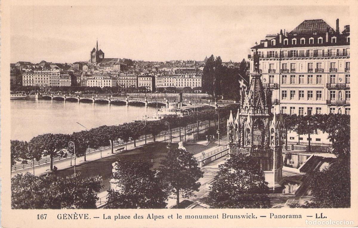 Postales: Postal de Ginebra: Monumento Brunswick y Lago Lem&aacute;n