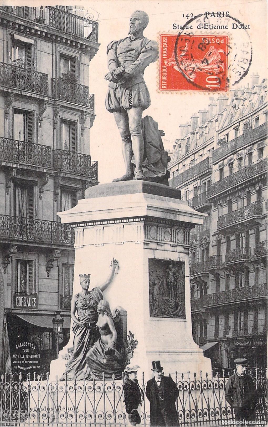 Postales: Postal de la Estatua de &Eacute;tienne Dolet en Par&iacute;s