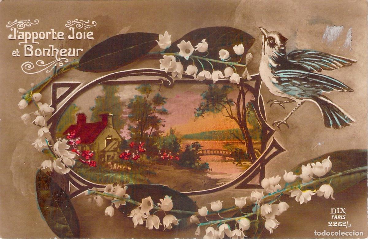 Postales: Postal con ilustraci&oacute;n de p&aacute;jaro y lirios del valle, saludo franc&eacute;s