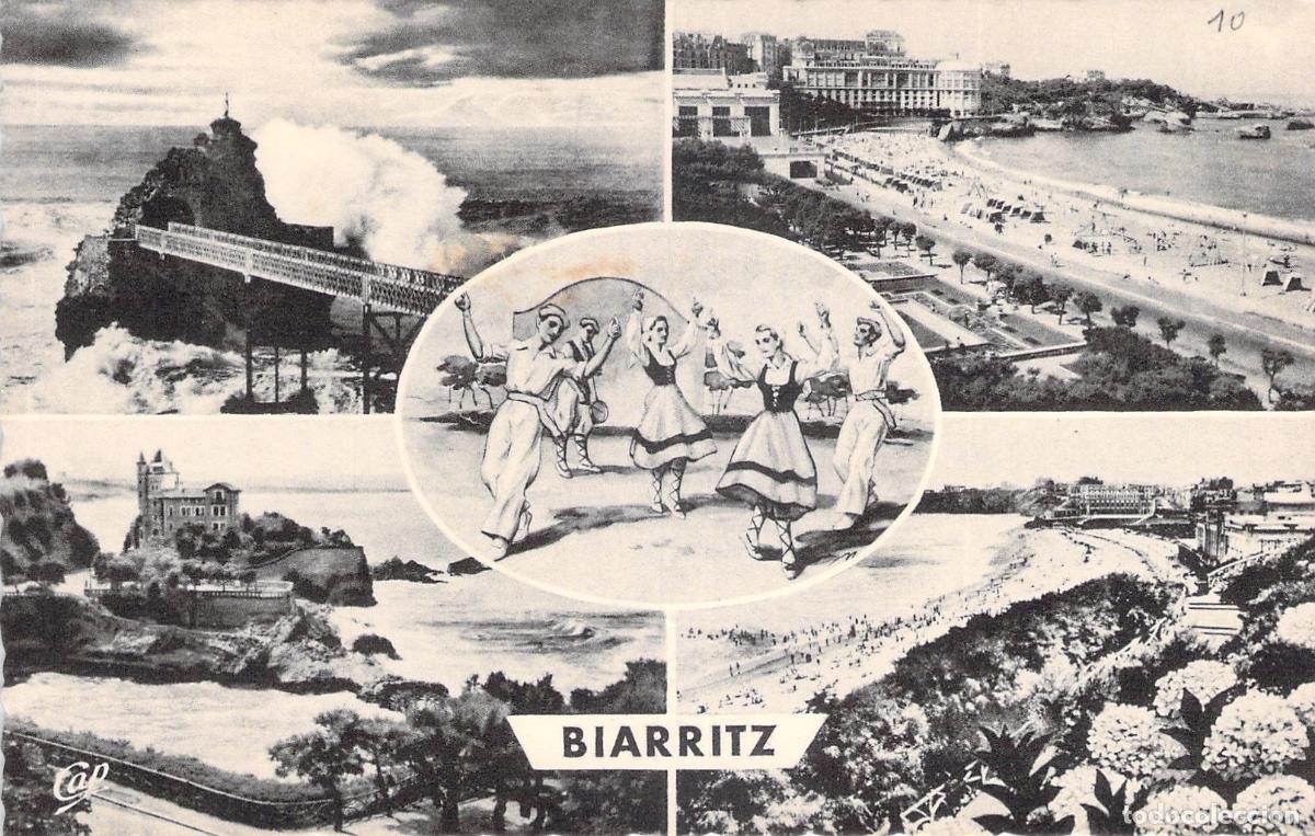 Postais: Postal de Biarritz con vistas costeras y baile tradicional