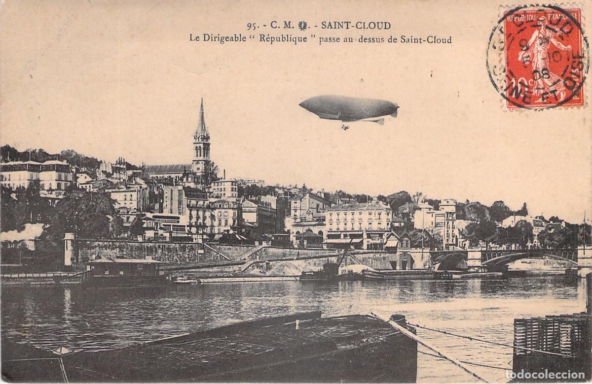 Postcards: Postal de Saint-Cloud con el dirigible R&eacute;publique sobrevolando el r&iacute;o