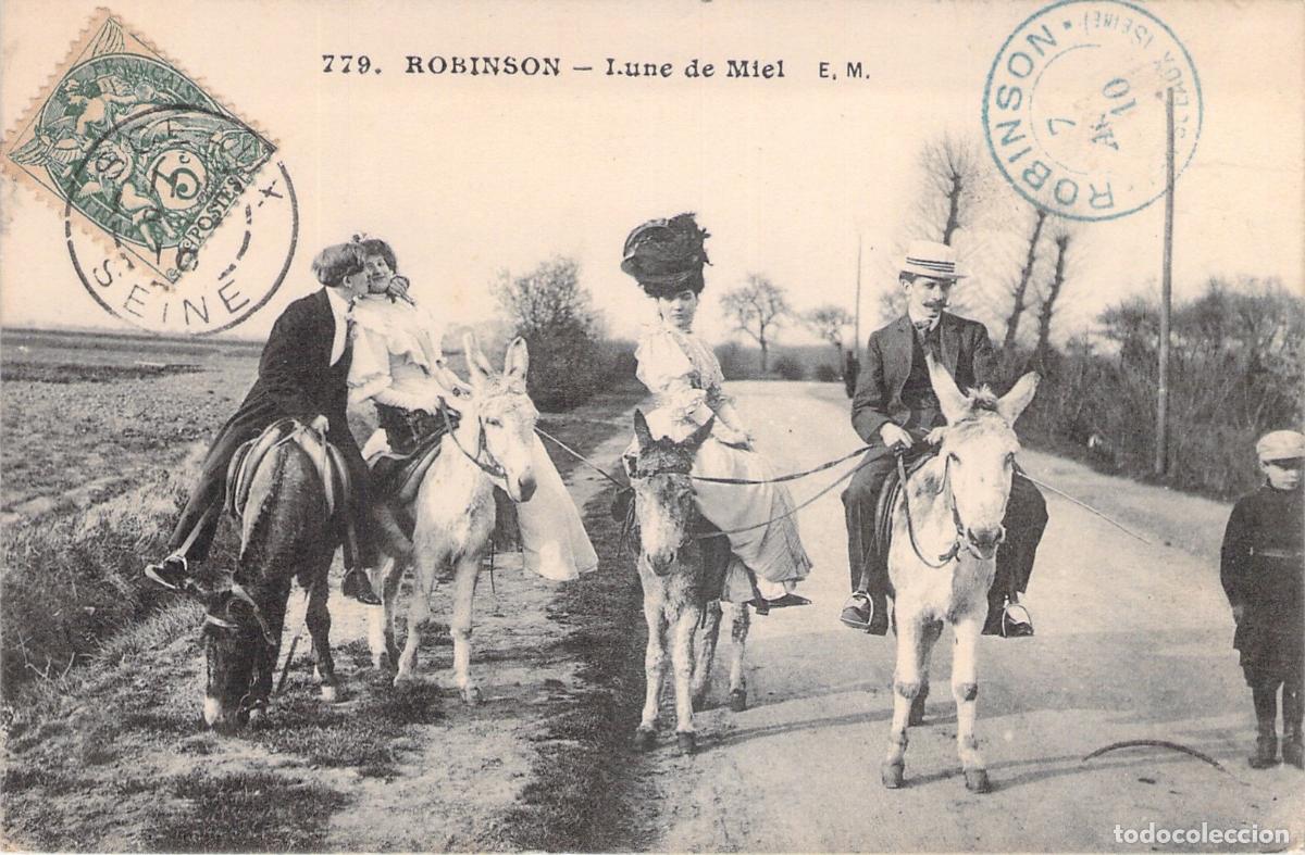 Postcards: Postal de Robinson: Pareja paseando en burro