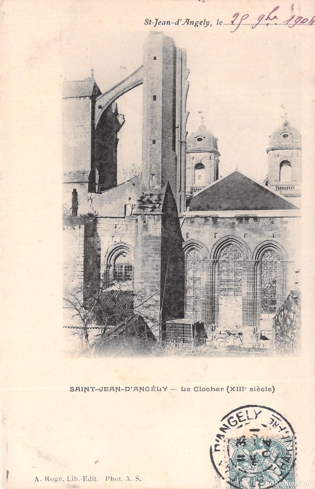 Postales: Postal de Saint-Jean-d'Ang&eacute;ly con el campanario de la abad&iacute;a