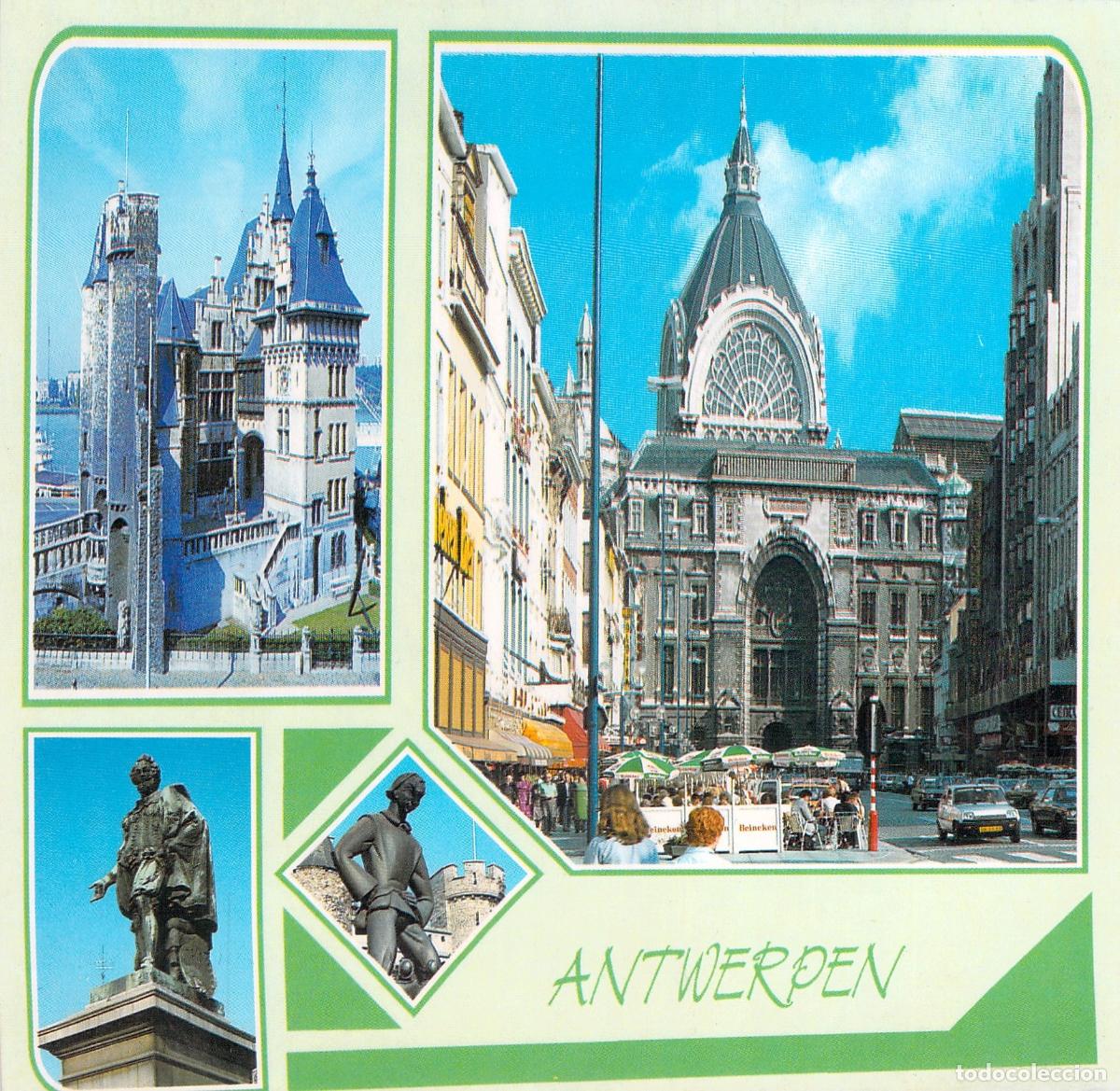 Postales: Postal de Amberes con paisajes urbanos y monumentos emblem&aacute;ticos
